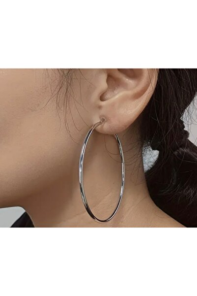 1PARÇAMAVİ 6cm Silver Color Hoop Clip-On Women's Earrings -Without Holes