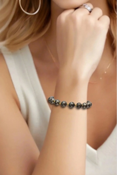 Pozitif Doğal Taş 9 Mm Pirit Taşı Bileklik Makrome Ayarlı 413-4