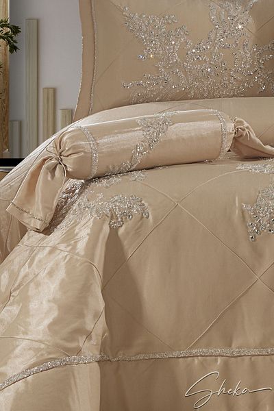 SHEKA Crystal Stone Hand Embroidered Monoral Fabric Bedspread Set – Cappuccino - Ahsen 1