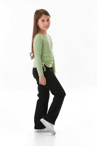 Fulla Moda Ribbed Girl Power Printed Girl's Blouse with Shirred Sides