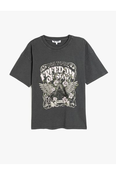 Koton Slogan Printed Short Sleeve Crew Neck Washed Oversize T-Shirt