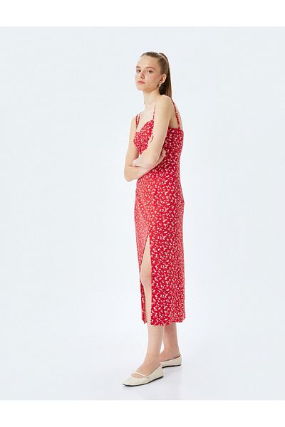 Koton Viscose Double Strap Back Detailed Floral Slit A-Line Midi Dress