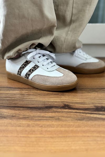 kids A more Madrid Girl's Genuine Leather Leopard Pattern Detailed White Casual Shoes