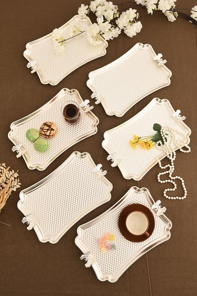AKSESUAR EVRENİ Fiano Butterfly Honeycomb Model Butterfly Detailed Presentation Tray Silver Set of 6