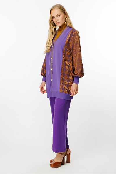 Ghisa Camel Colored Rib Detailed Purple Houndstooth Cardigan