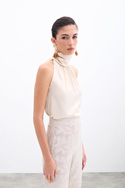 Sateen Bluză cu gât înalt - Bej