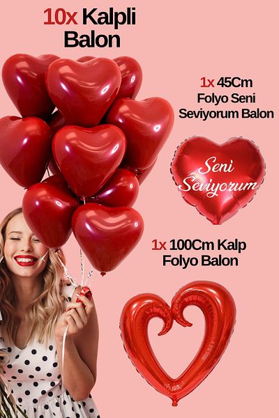 Baloncu Dede 10 Red Heart Balloons Big Heart and I Love You Foil Balloon Helium Compatible Valentine's Day