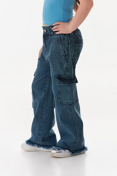 Fulla Moda Pantaloni pentru fete, 100% bumbac, cu buzunare cargo și ciucuri