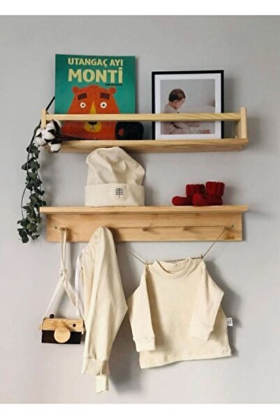 decoraid Ahşap Askılık Raf Ve Kitaplık Raf Montessori Raf 2'li 40 Cm 2 li Set