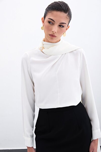Sateen Şal Detaylı Bluz - Ekru