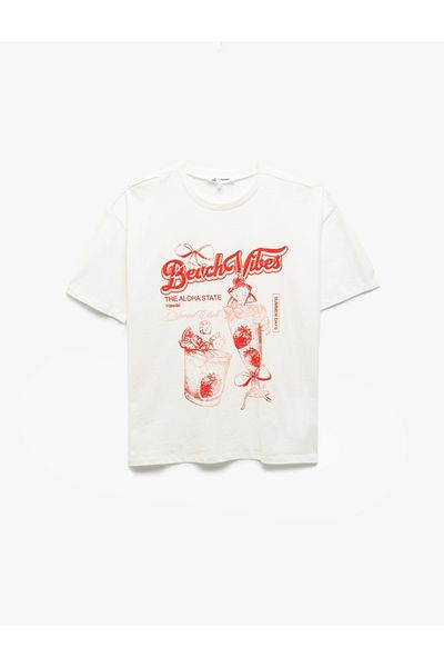Koton Bow Fruit Printed Crew Neck Short Sleeve Oversize T-Shirt