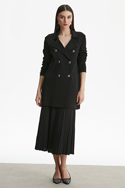 Tığ Triko Double Breasted Collar Rayon Cardigan Black