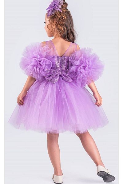 ABİYEKİDS Lilac Sequined Children's Evening Dress - Pompom Buckle, Style Aby458