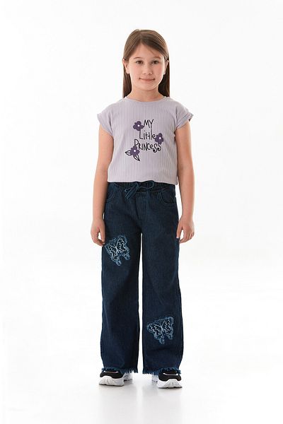Fulla Moda Pantaloni Palazzo pentru fete, 100% bumbac, brodați cu fluturi, cu ciucuri