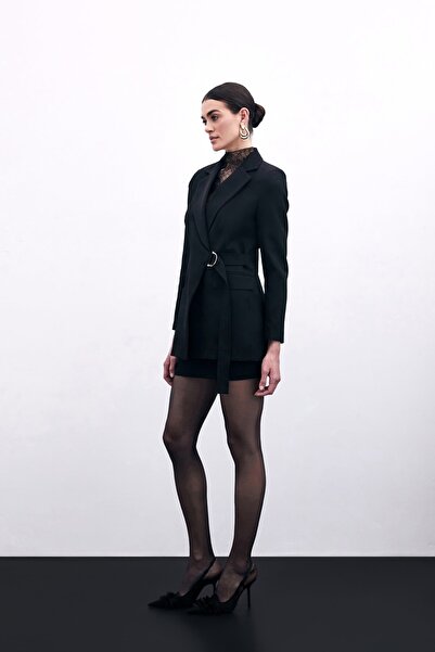 Sateen Double Breasted Collar Long Jacket - Black