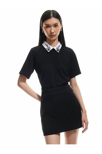 Koton Crepe Scuba Fabric Short Sleeve Stone Detailed Shirt Collar T-Shirt