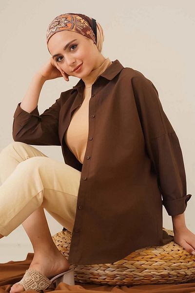 MODAMERSİ Cămașă de bază maro oversize pentru hijab