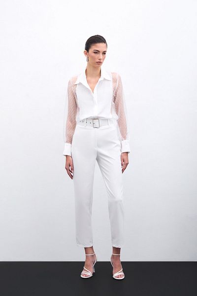 Sateen Cămașă cu detalii din organza - Ecru