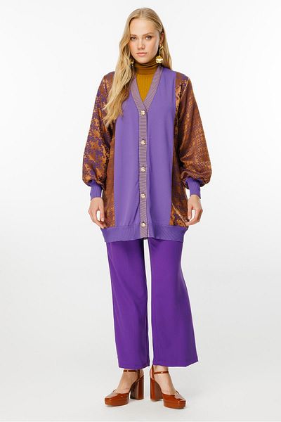 Ghisa Camel Colored Rib Detailed Purple Houndstooth Cardigan