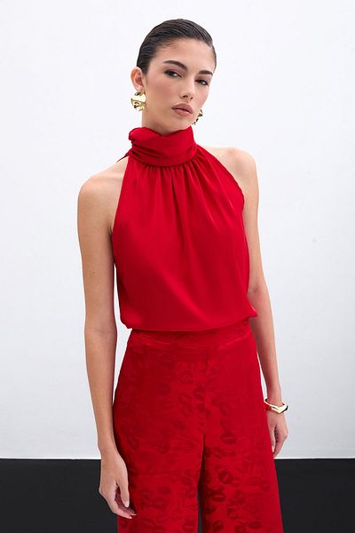 Sateen Turtleneck Tank Top - Red