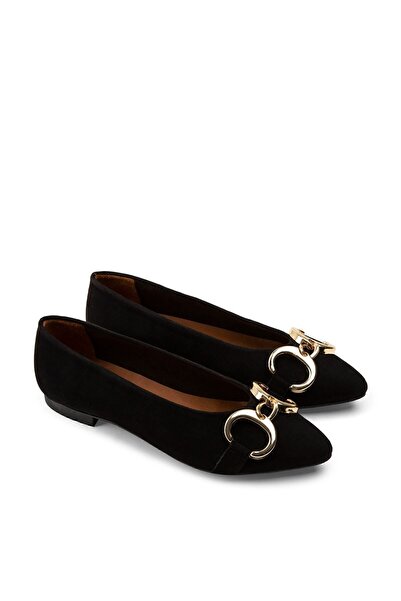 Deery Genuine Suede Black Buckle Women's Ballerinas