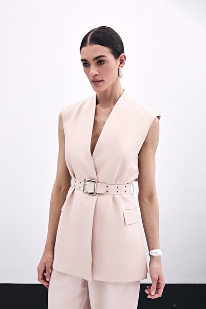 Sateen Μακρύ Γιλέκο Ζώνης - Μπεζ