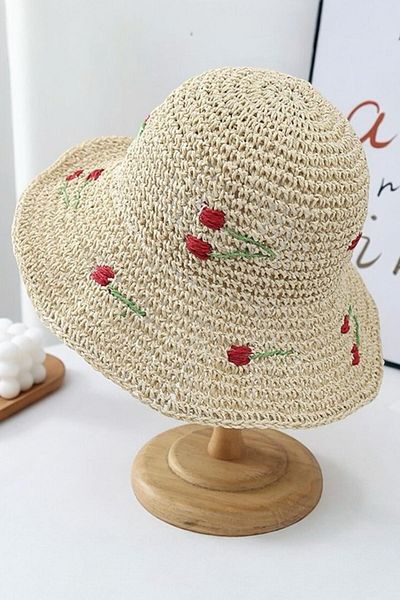 BAHELS Imported Beige Cherry Knitted Bucket Straw Hat