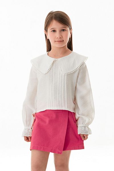 Fulla Moda Baby Collar Girl's Blouse with Lace Detail on Sleeves