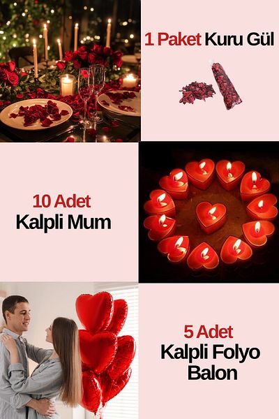 Baloncu Dede 5 Pieces Heart Foil Balloon 10 Heart Candle Dry Rose Helium Compatible Anniversary