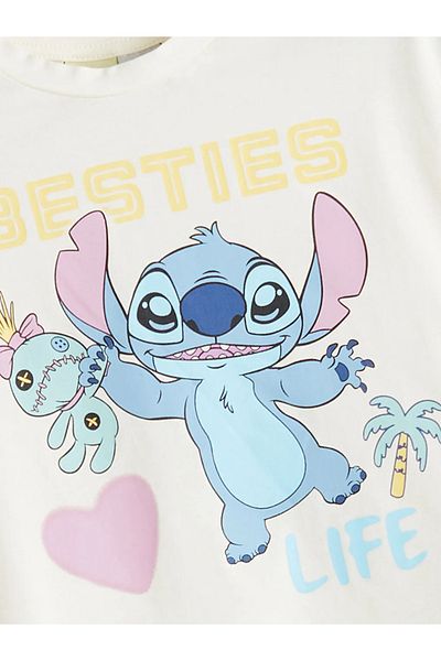 LC Waikiki Lcw Kids Ecru Crew Neck Stitch Printed Girls' Crop T-Shirt