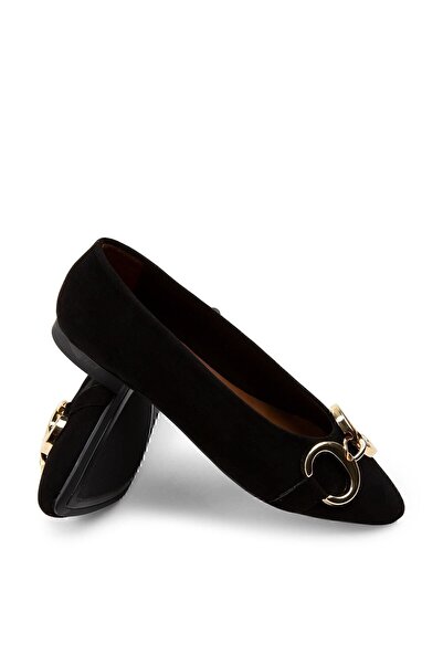 Deery Genuine Suede Black Buckle Women's Ballerinas