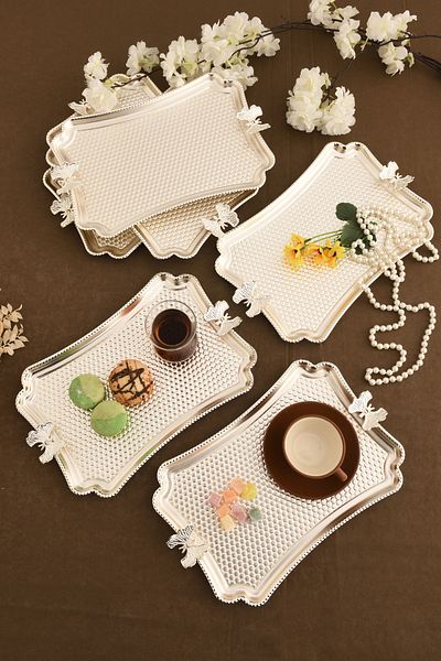 AKSESUAR EVRENİ Fiano Butterfly Honeycomb Model Butterfly Detailed Presentation Tray Silver Set of 6