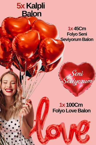 Baloncu Dede 5 Red Heart Foil Balloon Love and I Love You Foil Balloon Helium Compatible Valentine's Day