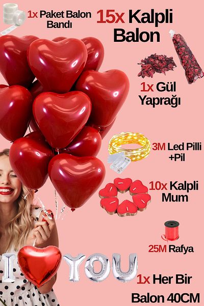 Baloncu Dede 15 Red Heart Balloon Set I Love You Written Balloon 10 Heart Candle Helium Compatible Lover Special Day