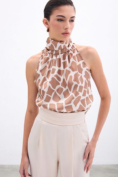 Sateen Beige-Camel High Neck Tank Top
