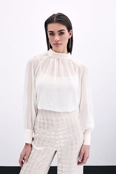 Sateen Transparent Blouse - Stone Vees, Cream Colour