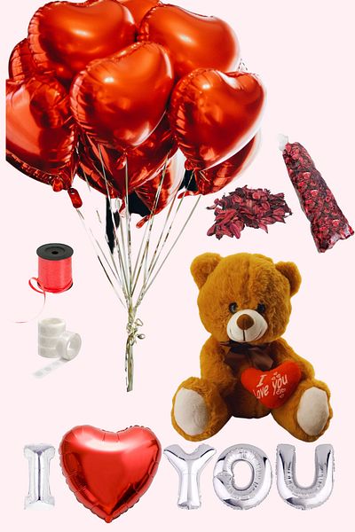Baloncu Dede Heart Patterned 5 Pieces Red Helium Compatible I Love You Foil Balloon Teddy Bear and Rose Leaf