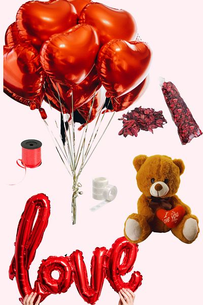 Baloncu Dede Heart Patterned 5 Pieces Red Helium Compatible Love Foil Balloon Teddy Bear and Rose Petal