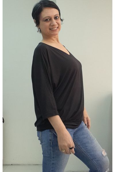 Mertcan Butik Black Hem Cuff Bat Sleeve V-Neck Three-Quarter Sleeve Combed Viscose T-Shirt