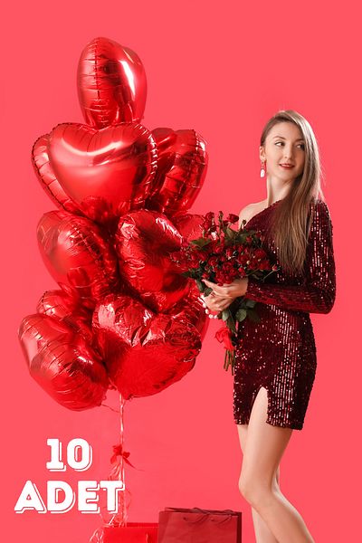 Baloncu Dede Heart Patterned 10 Pieces Red Foil Helium Balloon Lover and Special Day
