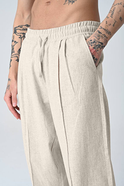İMVAGO Ekru Baggy Pileli Keten Pantolon