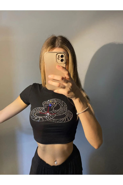 Bravebell Siyah Snake Yılan Desenli Parıltılı Taşlı Crop Body
