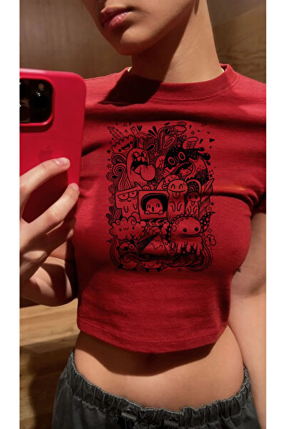 Bravebell Red Cartoon Model Women's Crop Body T-Shirt