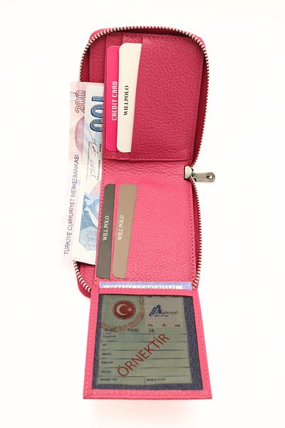 willpolo WP781 Γνήσιο δερμάτινο πορτοφόλι με φερμουάρ Ροζ Unisex δερμάτινο πορτοφόλι με φερμουάρ