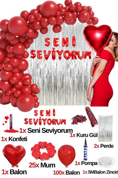 Baloncu Dede Lover Wedding Anniversary Special Day Heart Balloon Heart Candle Full Set