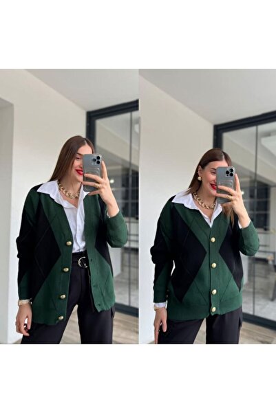 ÖZNUR GİYİM BAKLAVA DESENLİ YEŞİL HIRKA