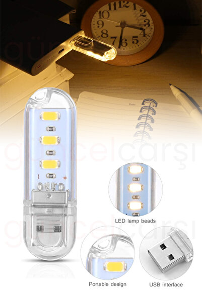 GüncelÇarşı Taşınabilir 3 Led Usb Lamba, Mini Gece Lambası, Kitap Okuma Lamba...