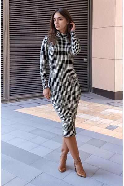 anizmir Women's Houndstooth Pattern Suede Fabric Deal Product Midi Length Dress