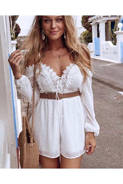 FASHION COCKTAIL White Bohemian Embossed Shorts Jumpsuit - Kiss Collar, Sling Chiffon Lace, Chest Corset and Lace up