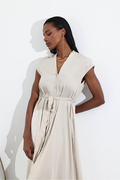 5in1Canpolat Φόρεμα πουκάμισο με μπεζ ζώνη oversize 193